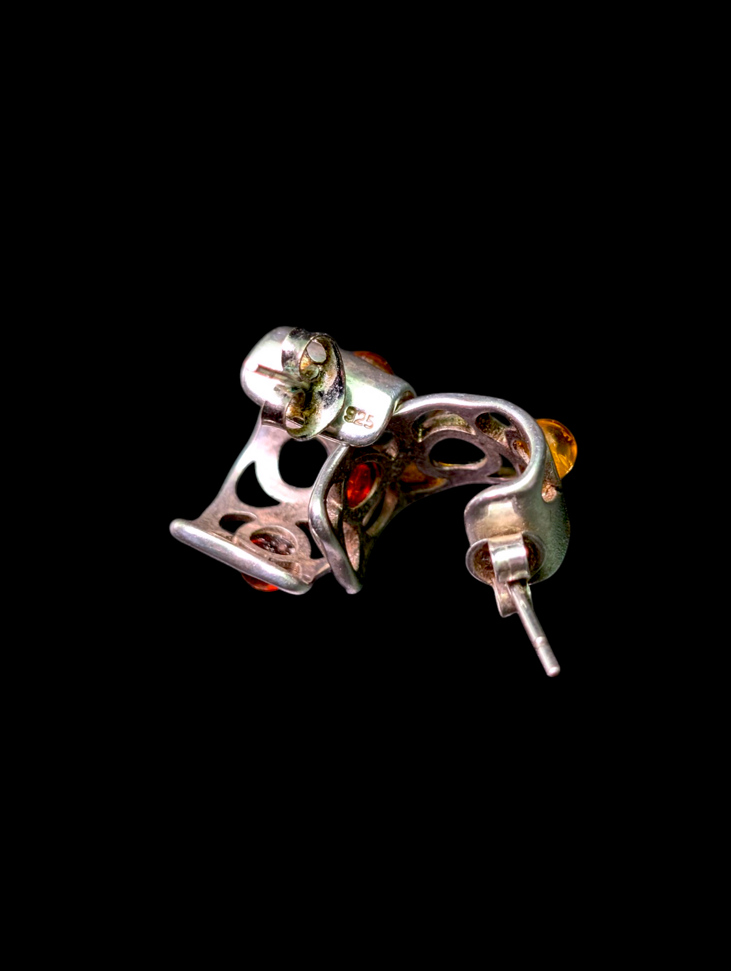 Vintage Cuff Style Genuine Tri-Color Amber Sterling Silver Earrings