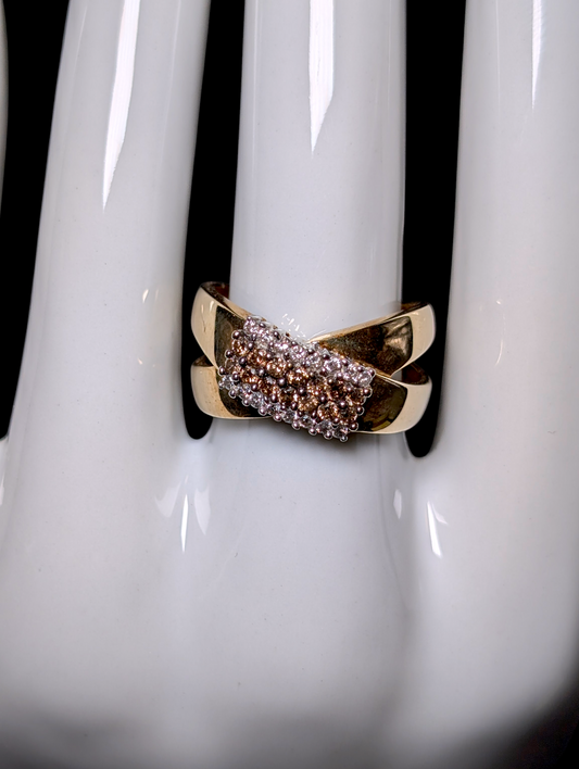 Vintage Designer Heng Ngai 10kt Solid Yellow Gold Genuine White and Chocolate Diamond Cross Over Band Ring