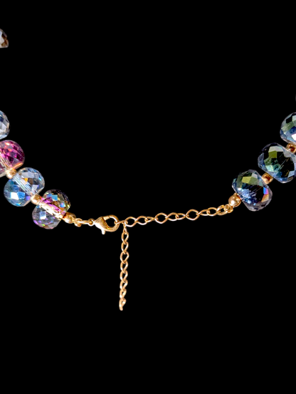 Vintage Aurora Borealis Faceted Chunky Light Catching and Gold Toned Bead Necklace