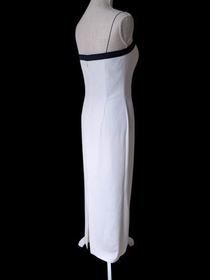 1980s Couture Designer Bill Blass White and Black Hourglass Evening Dress with Hot Pink Color Blocking, Asymmetrical Neckline, Decorative Accent Bow and Spaghetti Straps