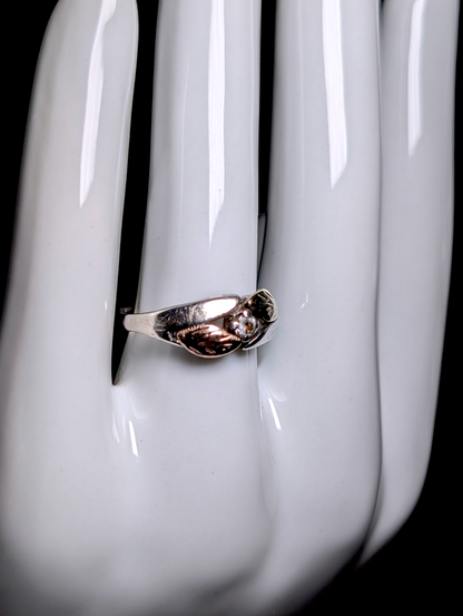 Vintage Black Hills Gold Round Cut Simulated Diamond 12K Gold and Rose Gold Leaf Sterling Silver Ring