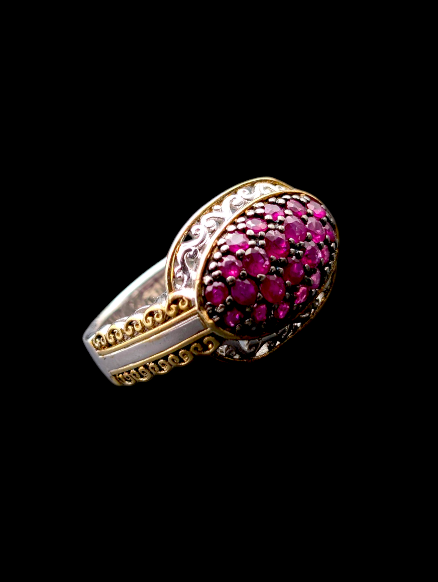 Vintage Inspired Gems En Vogue 18k Gold Filigree Palladium Silver Earth Mined Genuine Ruby East West Cluster Black Prong Sterling Ring