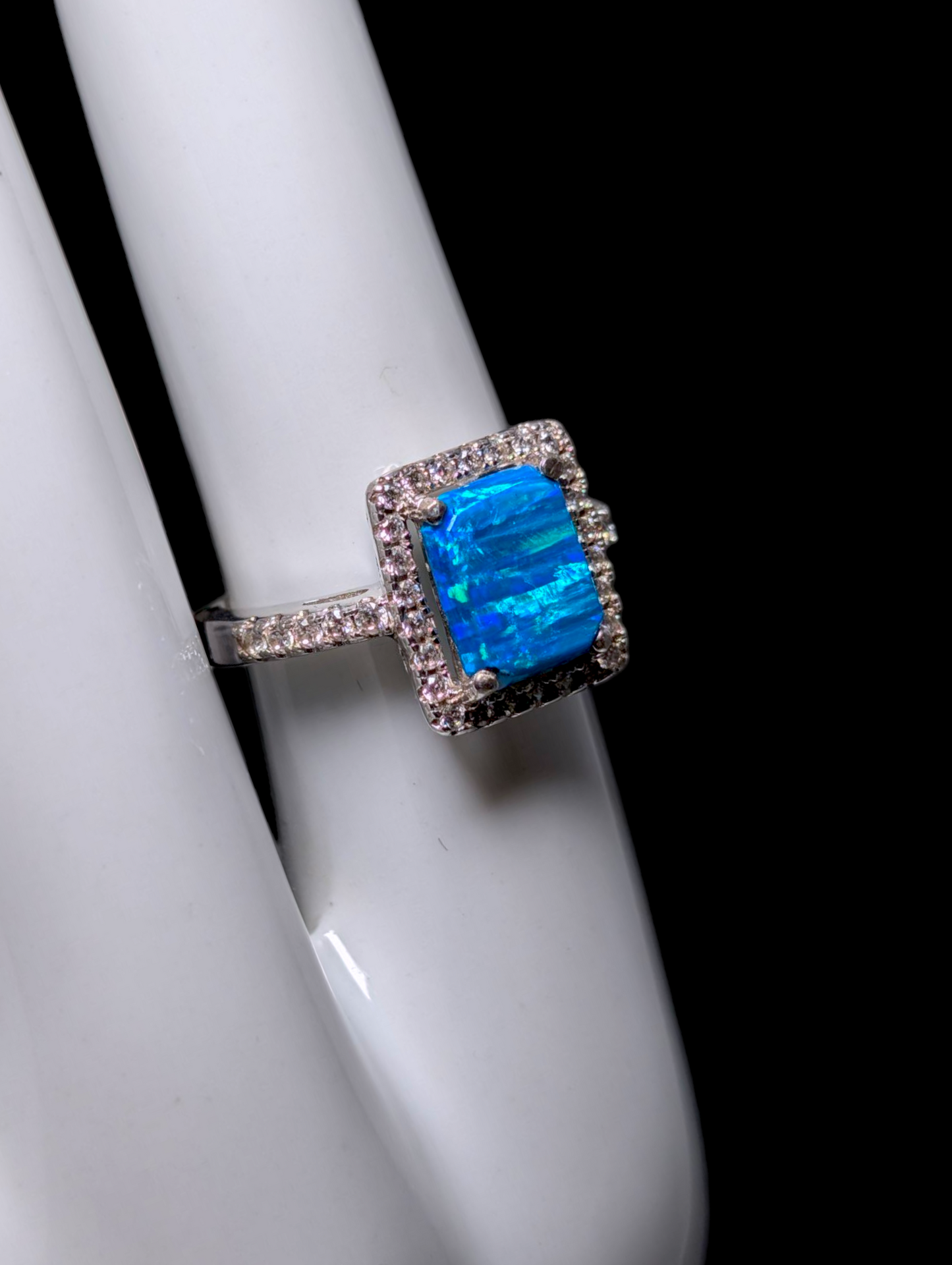 Vintage Inspired Rectangular Slate Cut Simulated Blue Opal and Simulated Diamond Halo Sterling Silver Ring