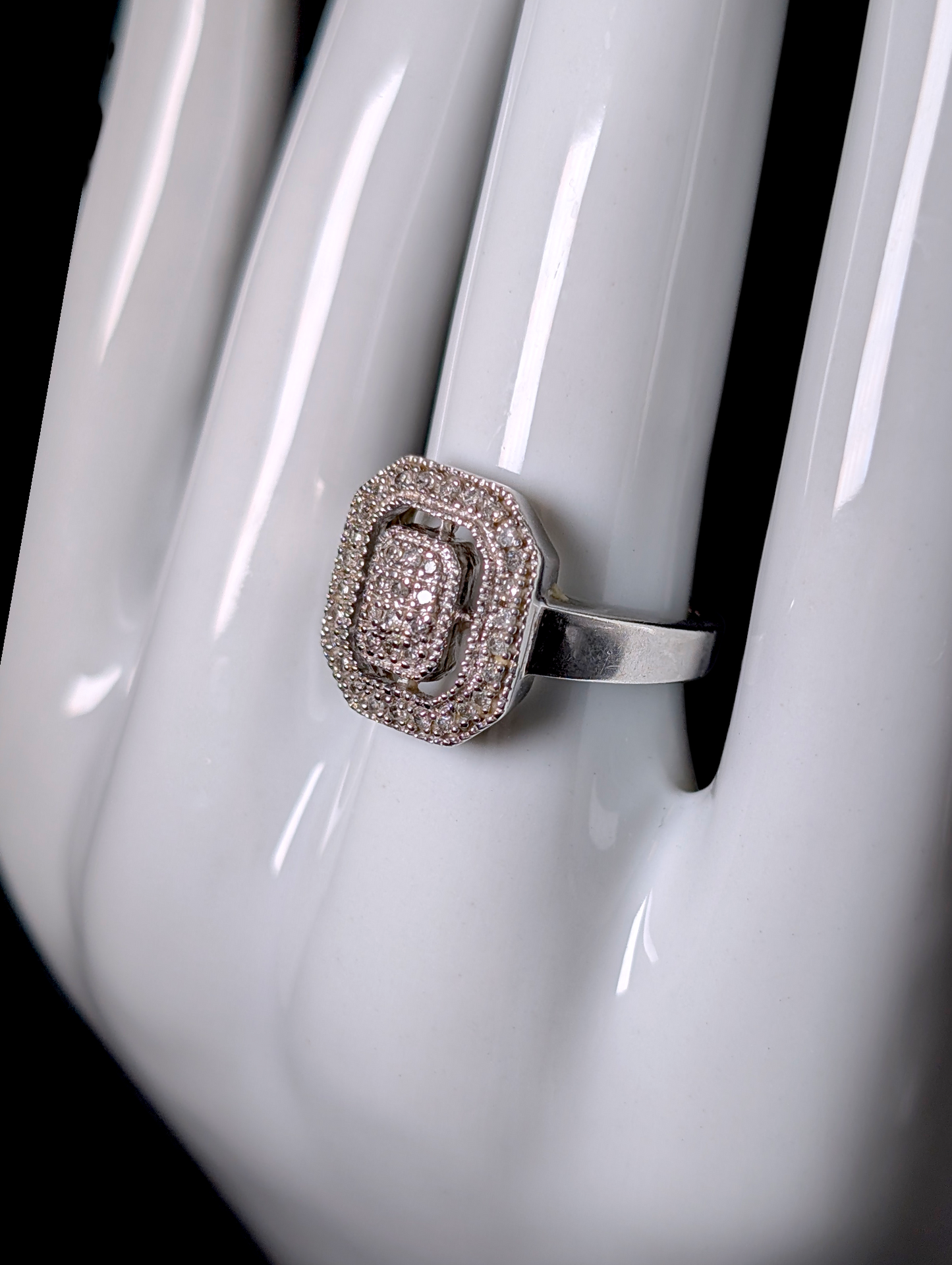 Vintage Step Cut Out Design Verified Genuine Diamond Sterling Silver Engagement Ring