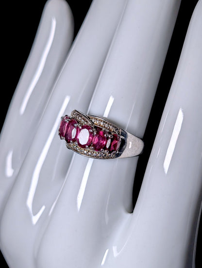 Vintage 7 Stone Genuine Rhodolite Garnet Row Sterling Silver Band Ring