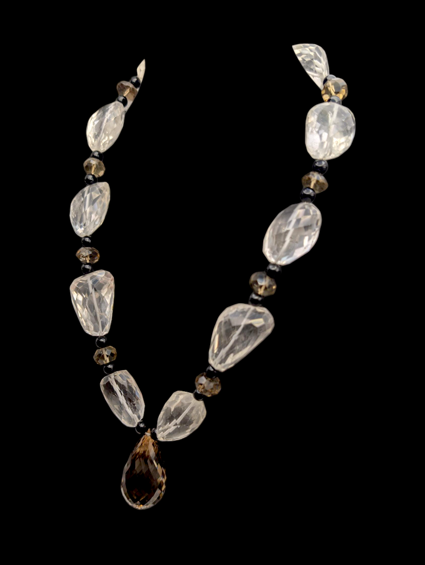 Vintage Briolette Cut Genuine Smoky Quartz, Crystal Quartz and Black Onyx Bead Sterling Silver Statement Necklace