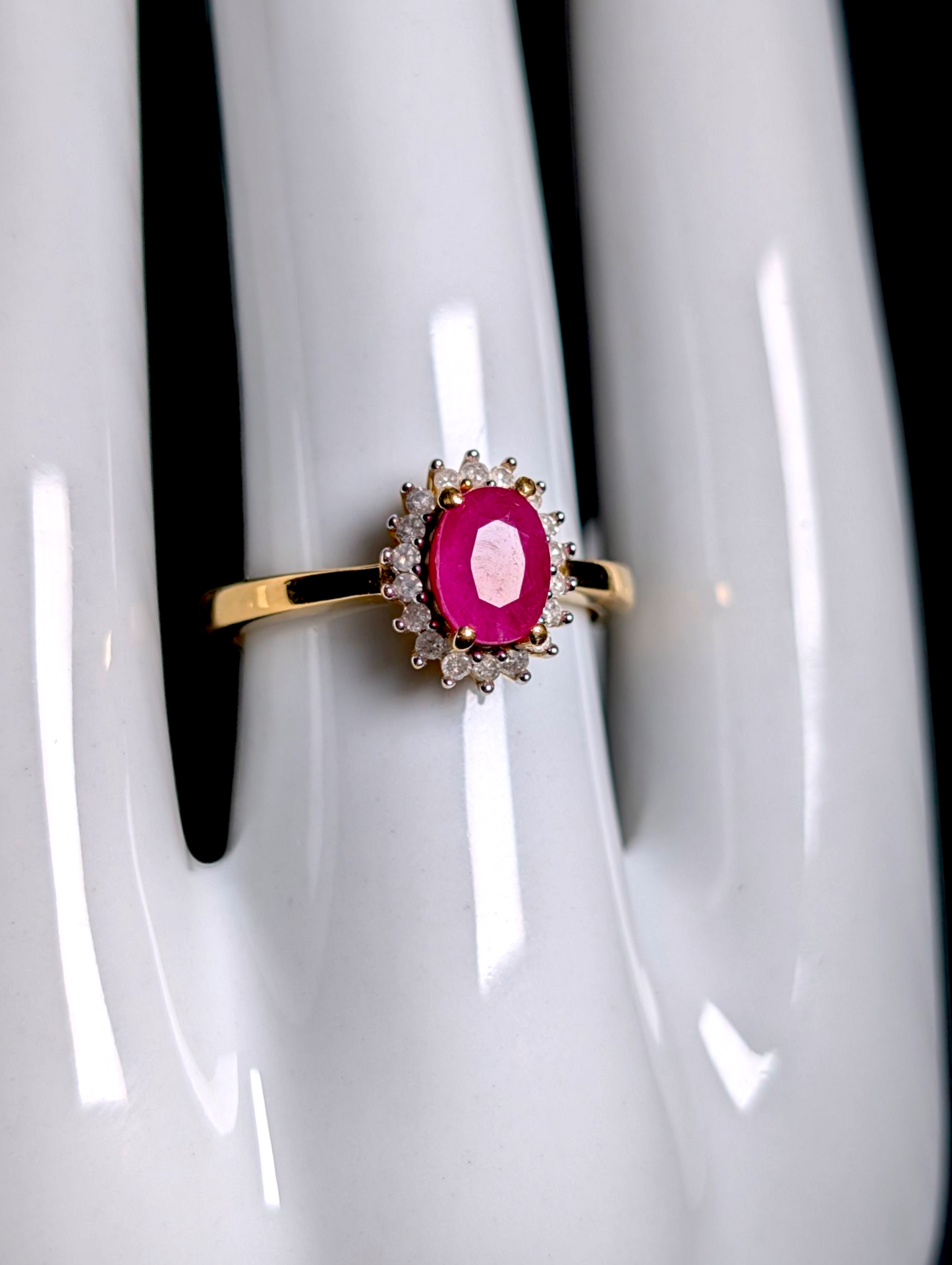 Vintage Oval Cut Earth Mined Genuine Ruby Solitaire with Diamond Starburst Halo 18k Yellow Gold Vermeil Ring