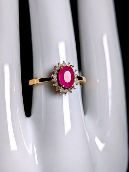 Vintage Oval Cut Earth Mined Genuine Ruby Solitaire with Diamond Starburst Halo 18k Yellow Gold Vermeil Ring