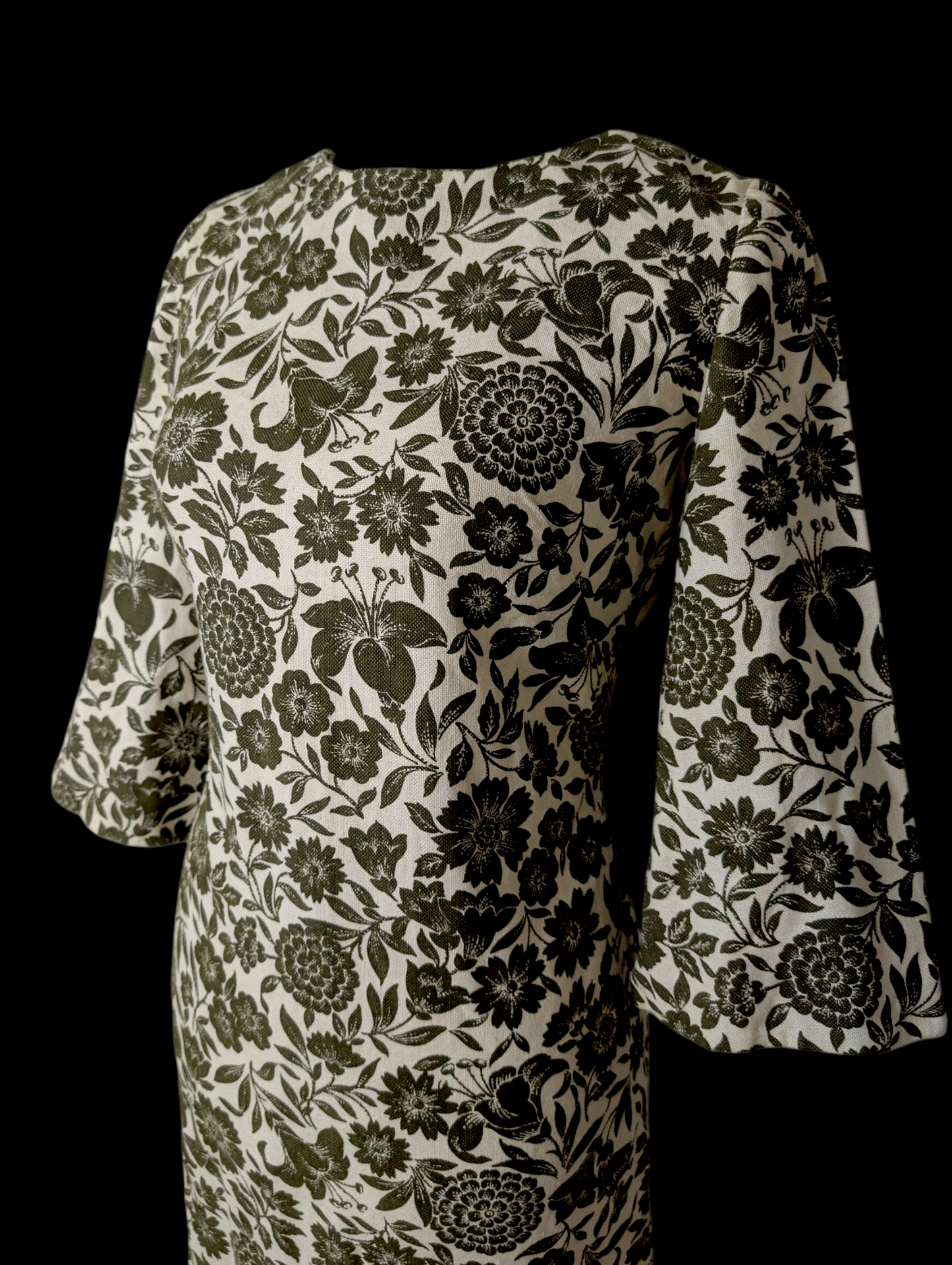 1960s Vintage Mod Green and Cream Boat Neck, 3/4 Bell Sleeve, in Broadcloth Handmade Dress