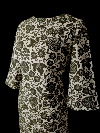 1960s Vintage Mod Green and Cream Boat Neck, 3/4 Bell Sleeve, in Broadcloth Handmade Dress