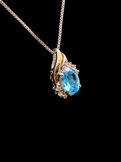 Vintage 10k Gold Vermeil Genuine Swiss Blue Topaz and Diamond Accent Pendant