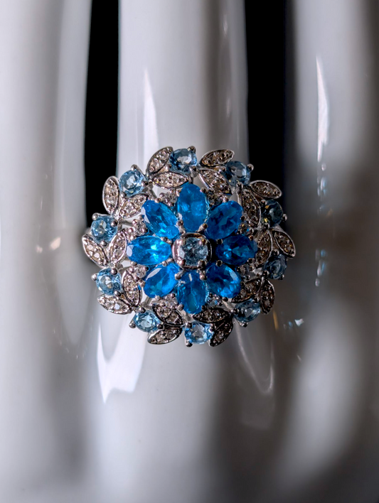 Vintage Dazzling Starburst Cluster Genuine Blue Apatite and Topaz Sterling Silver Statement Ring