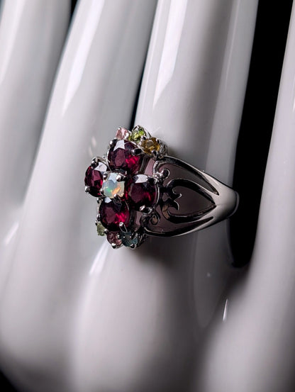 Vintage Genuine Garnet and Opal Flower Heart Shank Sterling Silver Ring