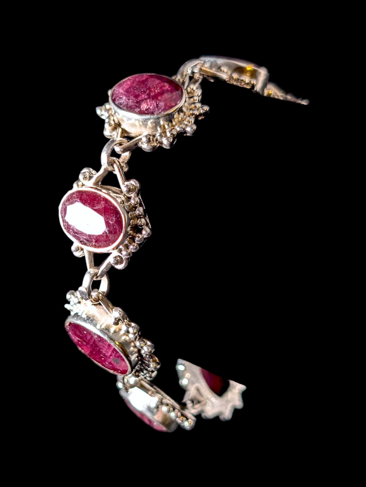 Vintage 50 Carat Artisan Oval Cut Genuine Earth Mined Ruby Sterling Silver Studded Toggle Bracelet