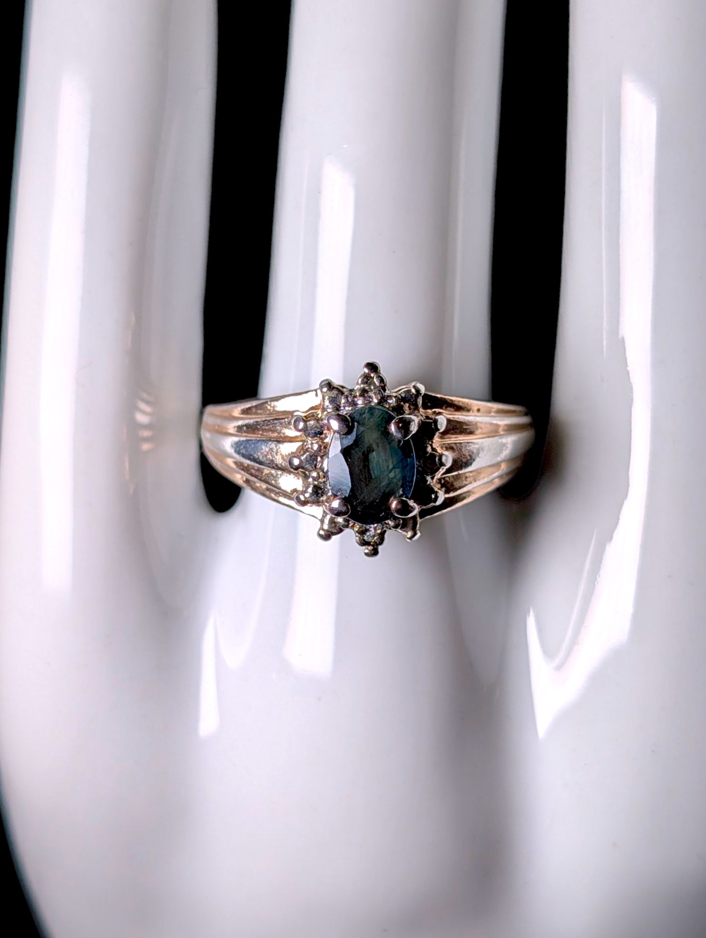 Vintage Genuine Sapphire and Diamond Accented Halo Antique Finish Gold over Sterling Ring