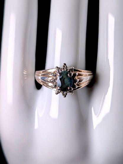 Vintage Genuine Sapphire and Diamond Accented Halo Antique Finish Gold over Sterling Ring