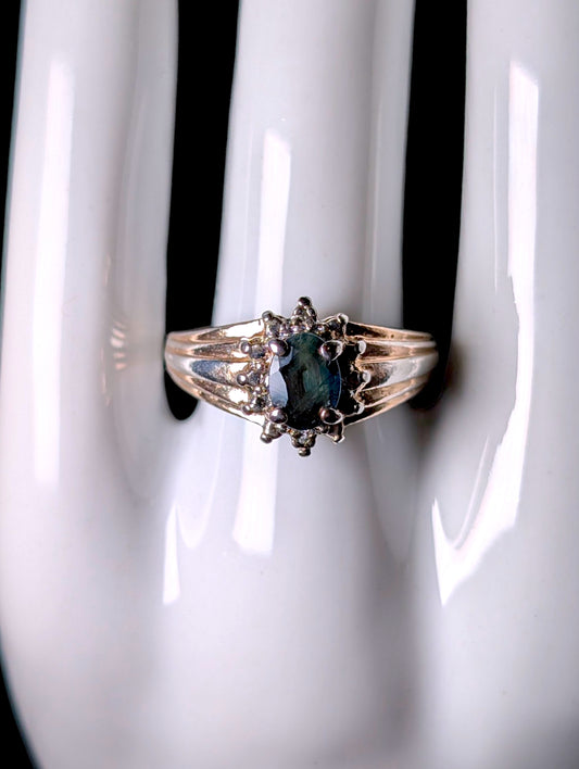 Vintage Genuine Sapphire and Diamond Accented Halo Antique Finish Gold over Sterling Ring