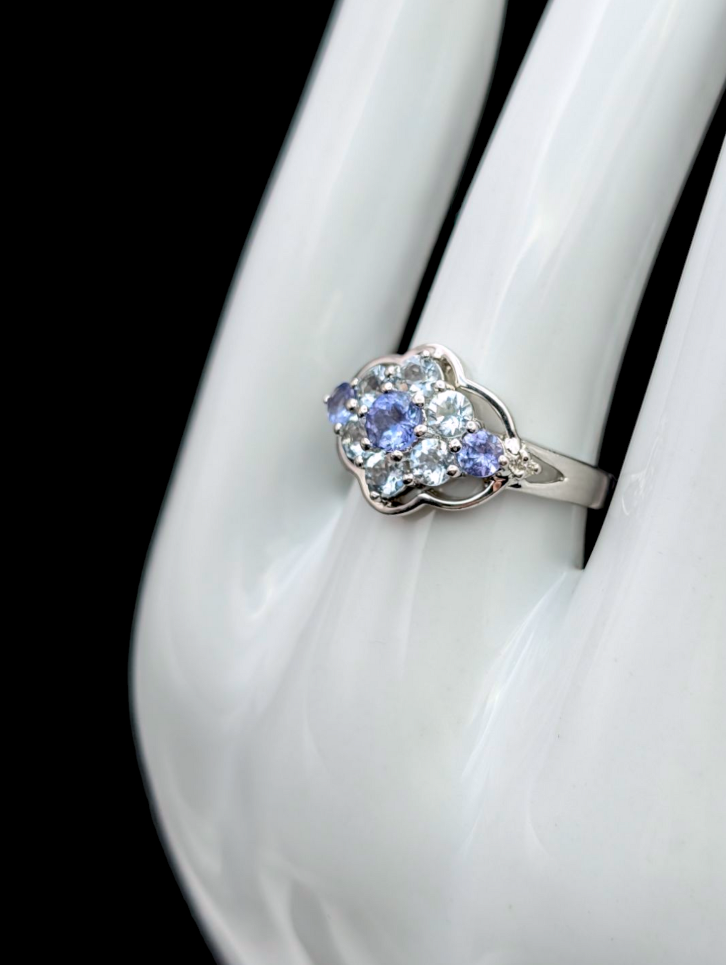 Vintage Cluster Genuine Tanzanite and Aquamarine with Diamond Accents Sterling Silver Ring