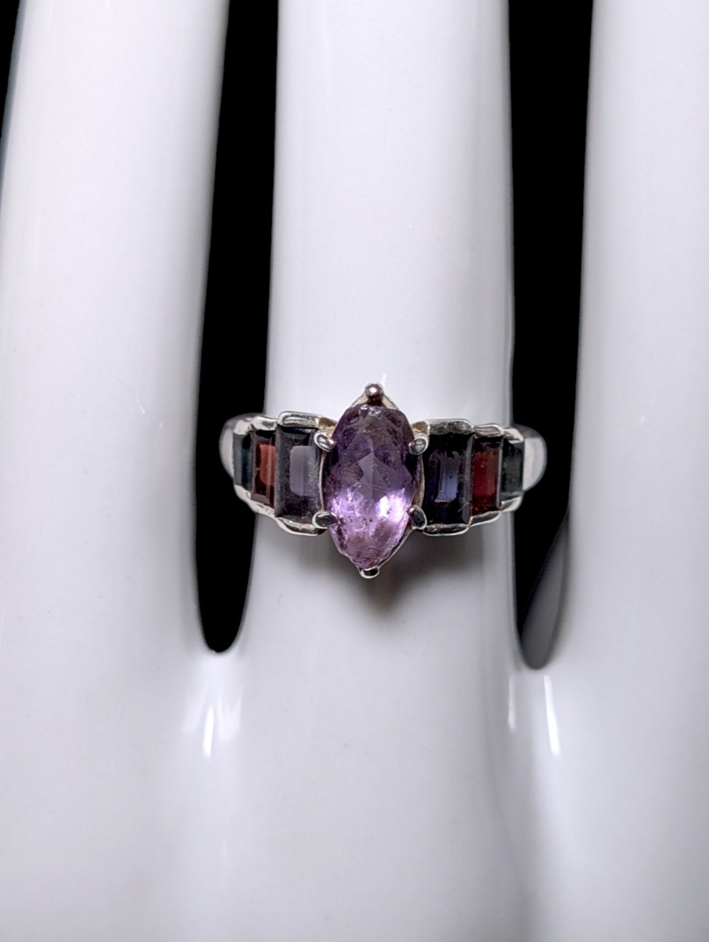 Vintage Marquise Genuine Amethyst, Topaz and Garnet Sterling Ring