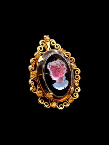 1960s Juliana D&E Celebrity NY Amber Glass Iridescent Cameo with Gold Filigree and Orange Rhinestone Brooch Pin Pendant