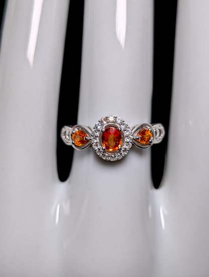 Vintage Three Stone Genuine Orange Sapphire and White Topaz Halo Sterling Silver Ring