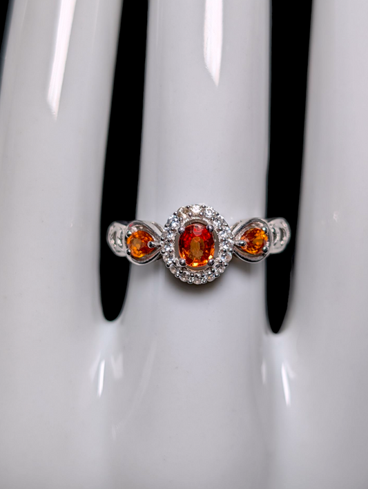 Vintage Three Stone Genuine Orange Sapphire and White Topaz Halo Sterling Silver Ring