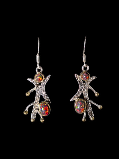 Vintage Genuine Black Opal Sterling and 14k Gold Dangle Earrings
