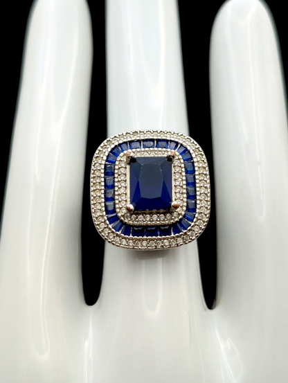 Vintage Art Deco Inspired Simulated Sapphire and Simulated Diamond Halo Silver Toned Statement Ring