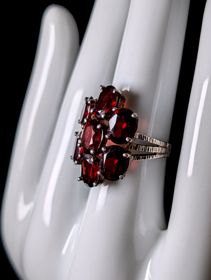 Vintage Genuine Red Garnet Cluster Sterling Silver Ring