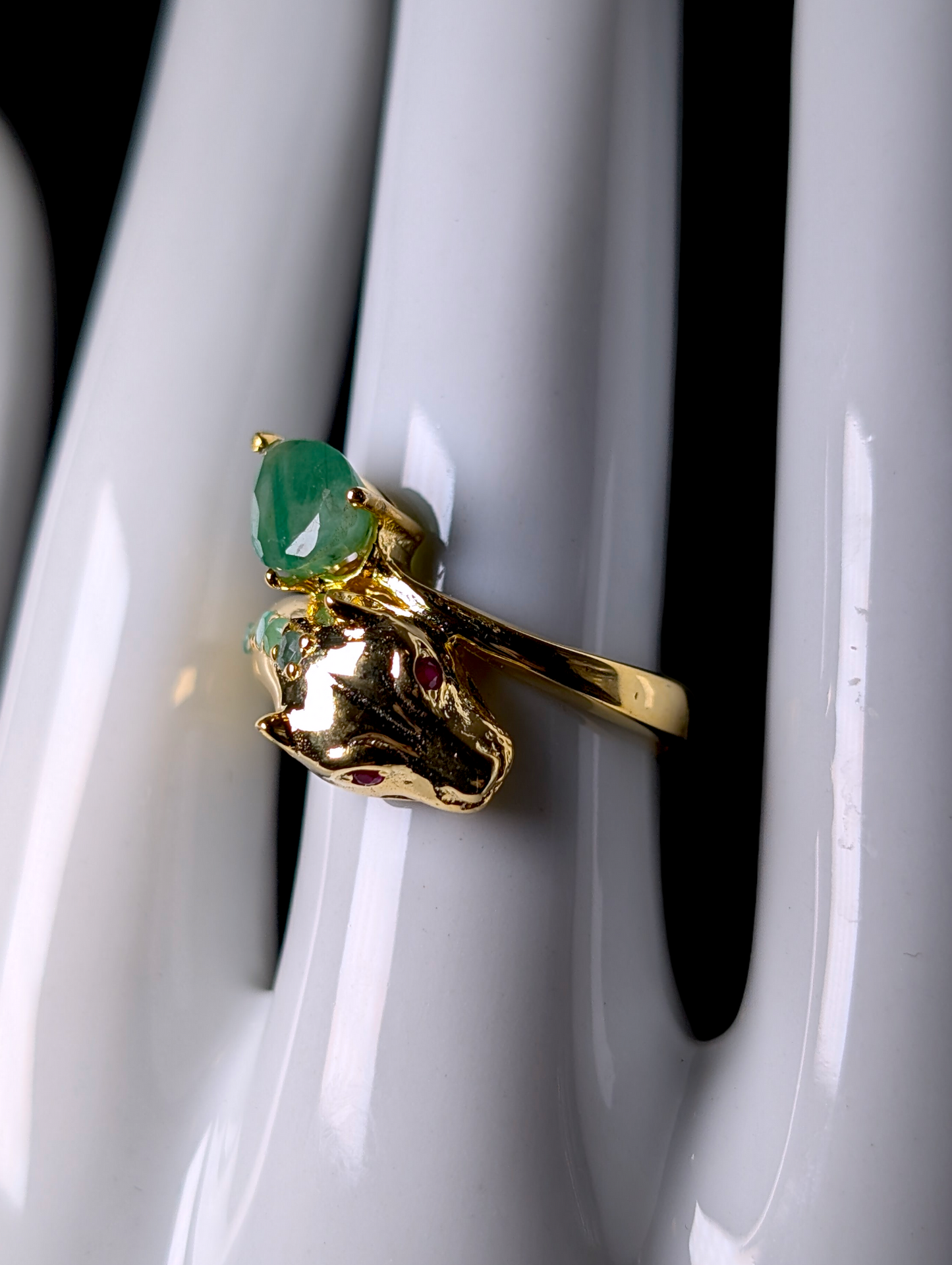 Vintage Genuine Emerald and Ruby Eyed Panther Wrap Cross Over 14kt Gold over Sterling Ring