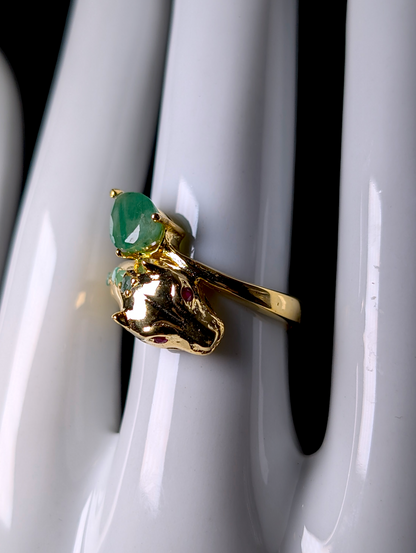 Vintage Genuine Emerald and Ruby Eyed Panther Wrap Cross Over 14kt Gold over Sterling Ring