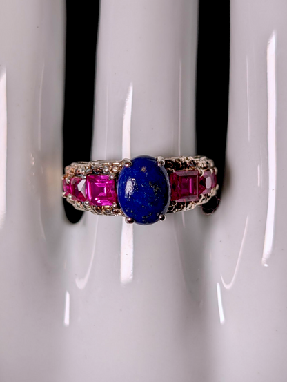 Vintage Oval Cabochon Cut Genuine Lapis Solitaire with Princess Cut Ruby Accents Sterling Silver Statement Band Ring