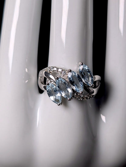 Vintage Marquise Cut Genuine Aquamarine with White Topaz Accents Sterling Silver Ring