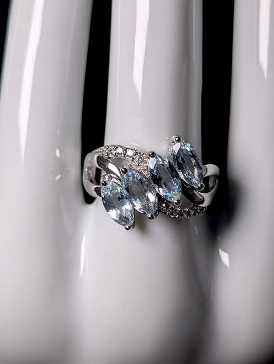 Vintage Marquise Cut Genuine Aquamarine with White Topaz Accents Sterling Silver Ring