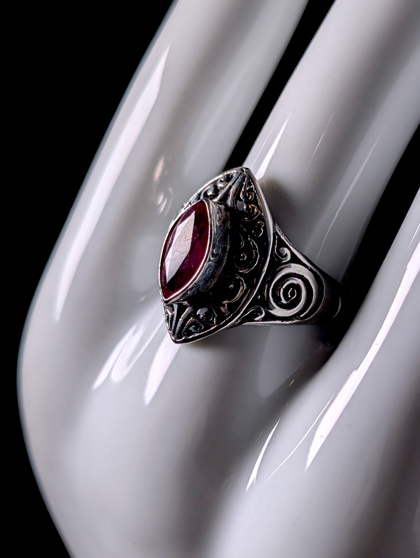 Vintage Celtic Marquise Cut Bezel Set Genuine Ruby Solitaire Sterling Silver Filigree Ring
