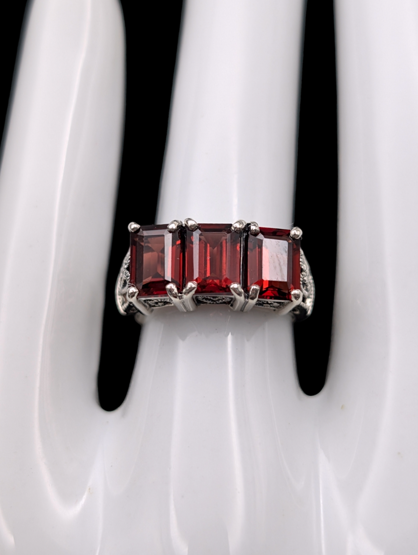 Vintage Emerald Cut Genuine Garnet Trio Sterling Silver 925 Ring