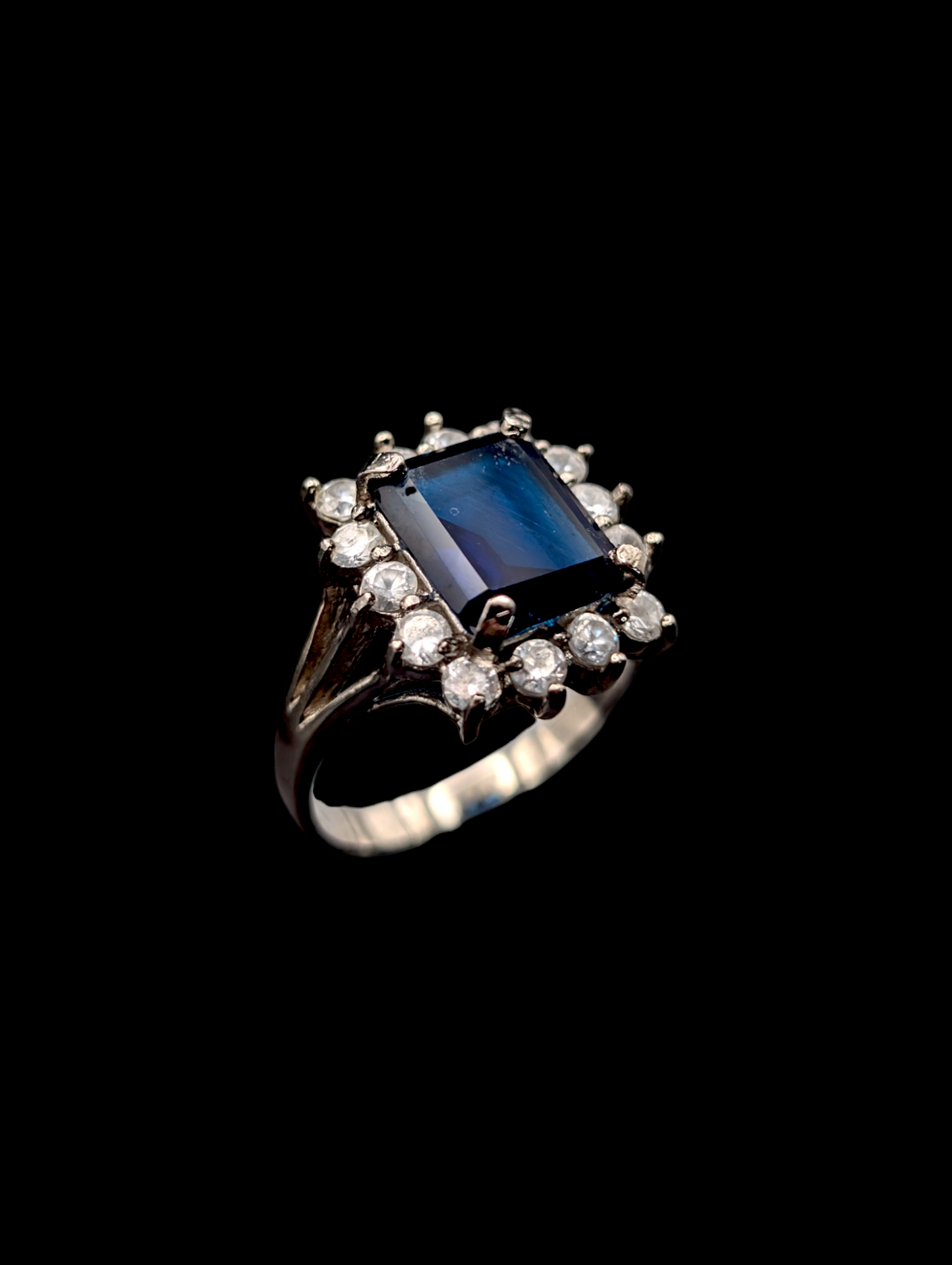 Vintage Simulated Royal Blue Sapphire and Simulated Diamonds Halo Silver Toned Costume Ring