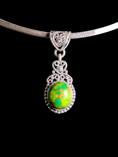 Vintage Oval Cut Bezel Cabochon Genuine Green Turquoise Sterling Silver Studded Artisan Pendant