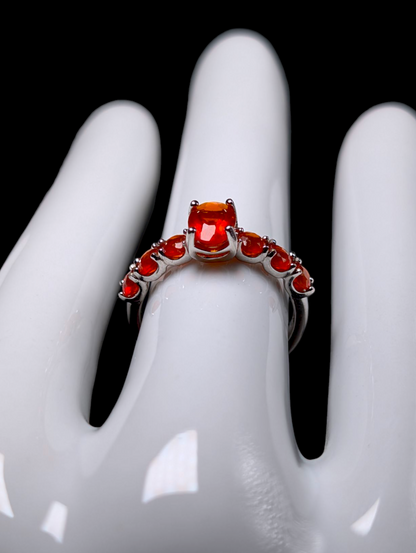 Vintage Oval Cut Solitaire Genuine Orange Fire Opal with Accent Stones Sterling Silver Ring