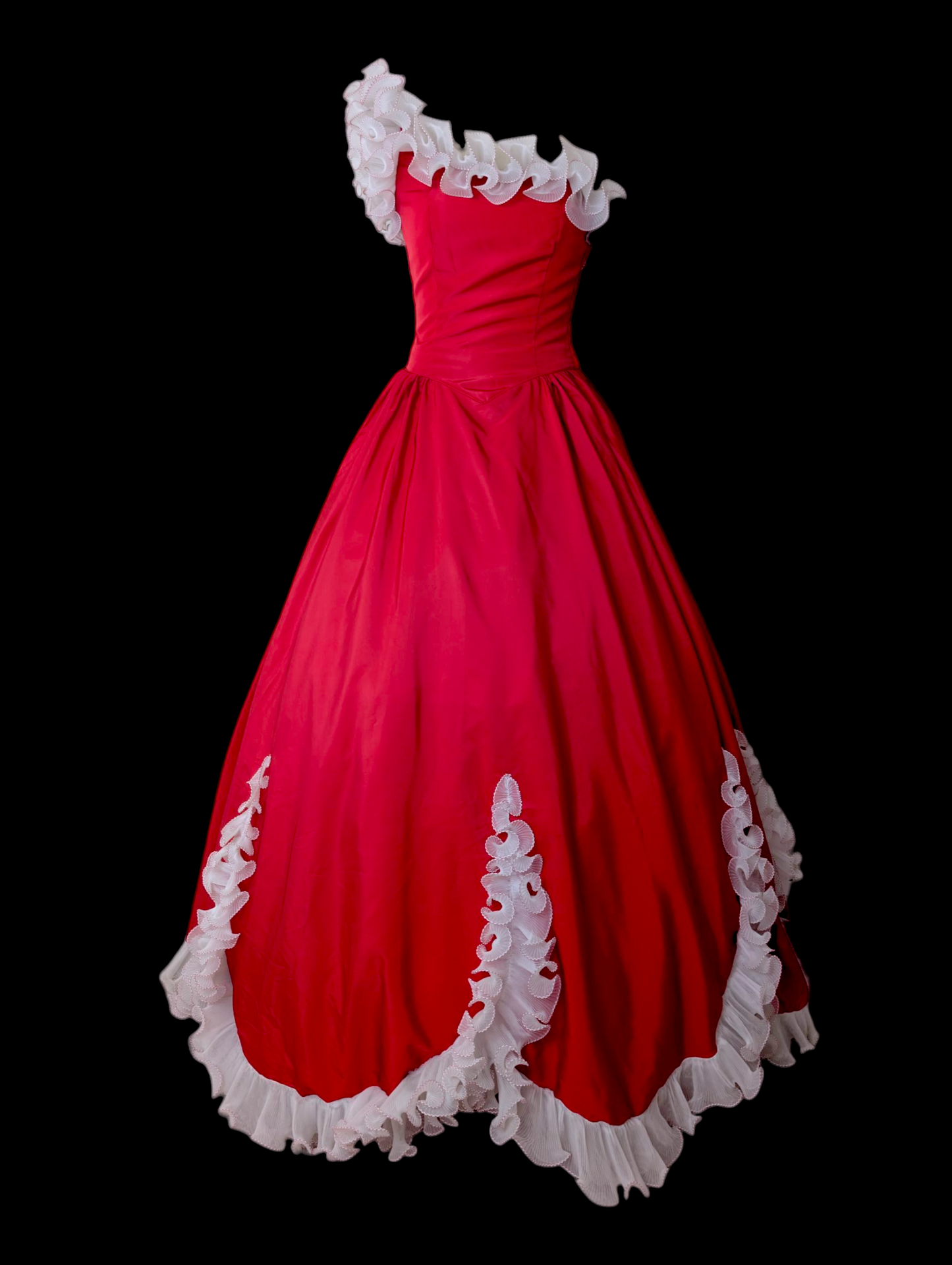 1960s-1970s Vintage Red Dress with White Ruffle Trim Details, One Sleeve, and Full Skirt Holiday Christmas Ball Gown