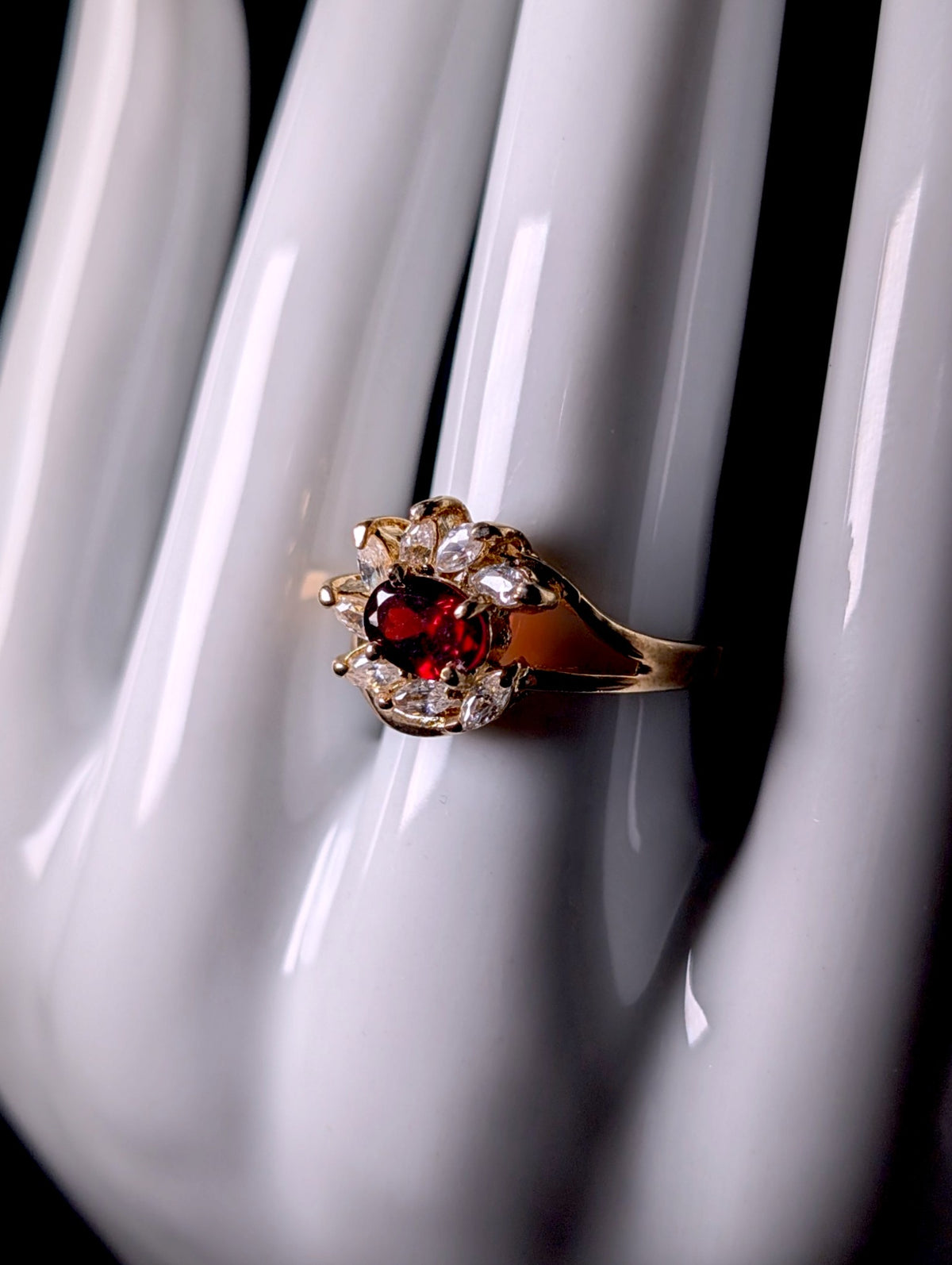 Vintage Genuine Garnet Solitaire with Simulated Diamond Halo Gold Over Sterling Silver Ring