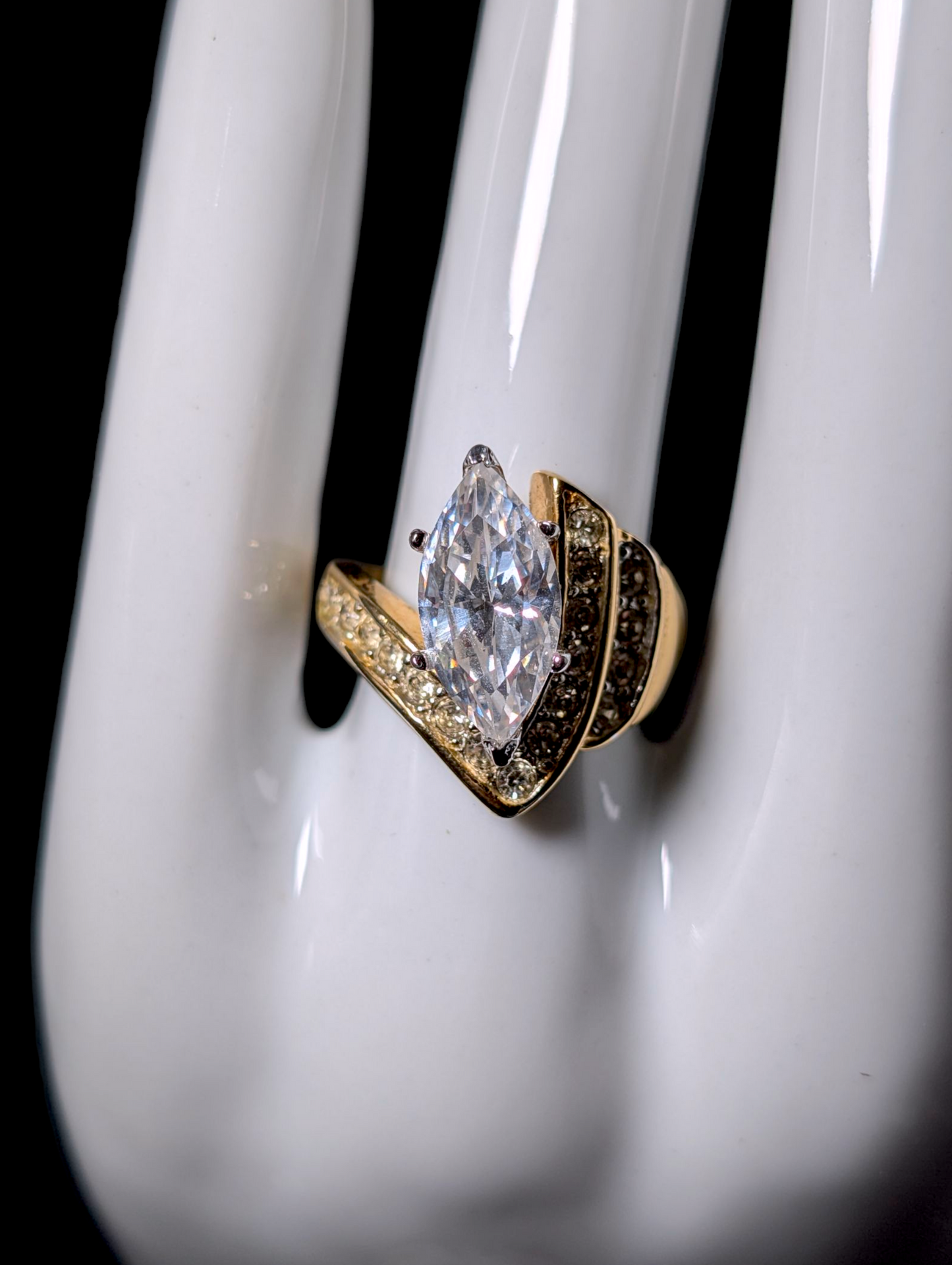 Vintage Marquise Cut Solitaire Simulated Diamond 14K HGE Gold Espo Statement Cocktail Ring