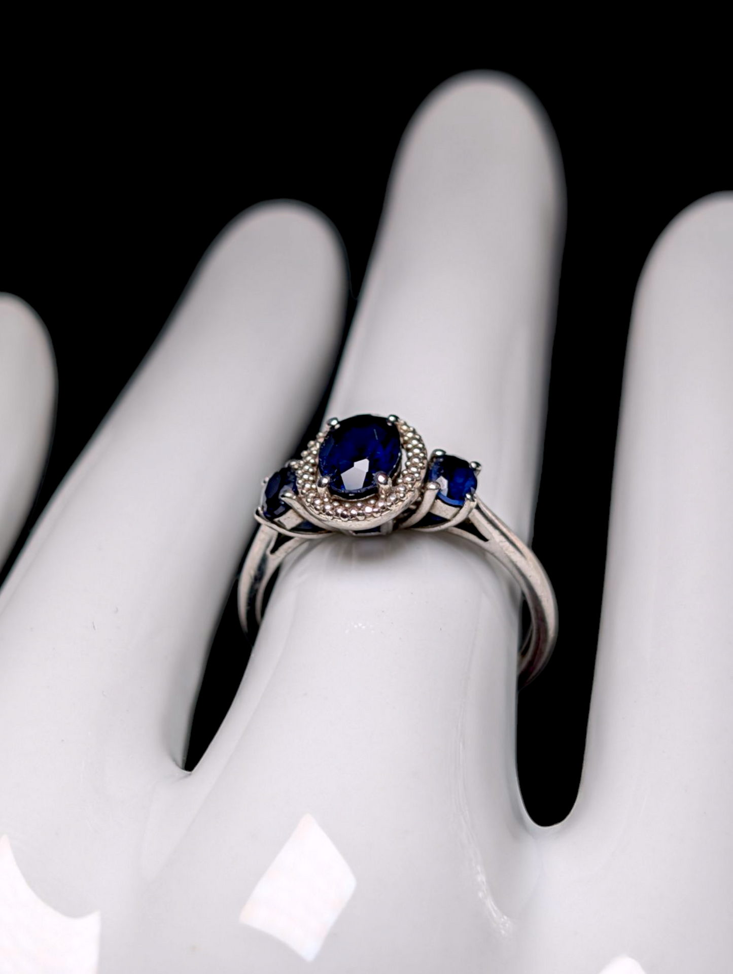 Vintage Tri-Stone Genuine Blue Sapphire and Diamond Accented Halo Sterling Silver Ring