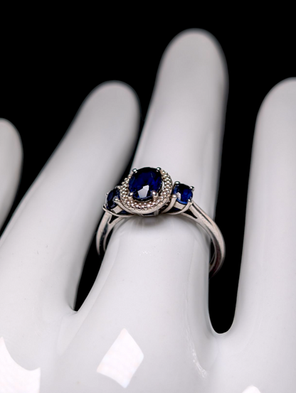 Vintage Tri-Stone Genuine Blue Sapphire and Diamond Accented Halo Sterling Silver Ring