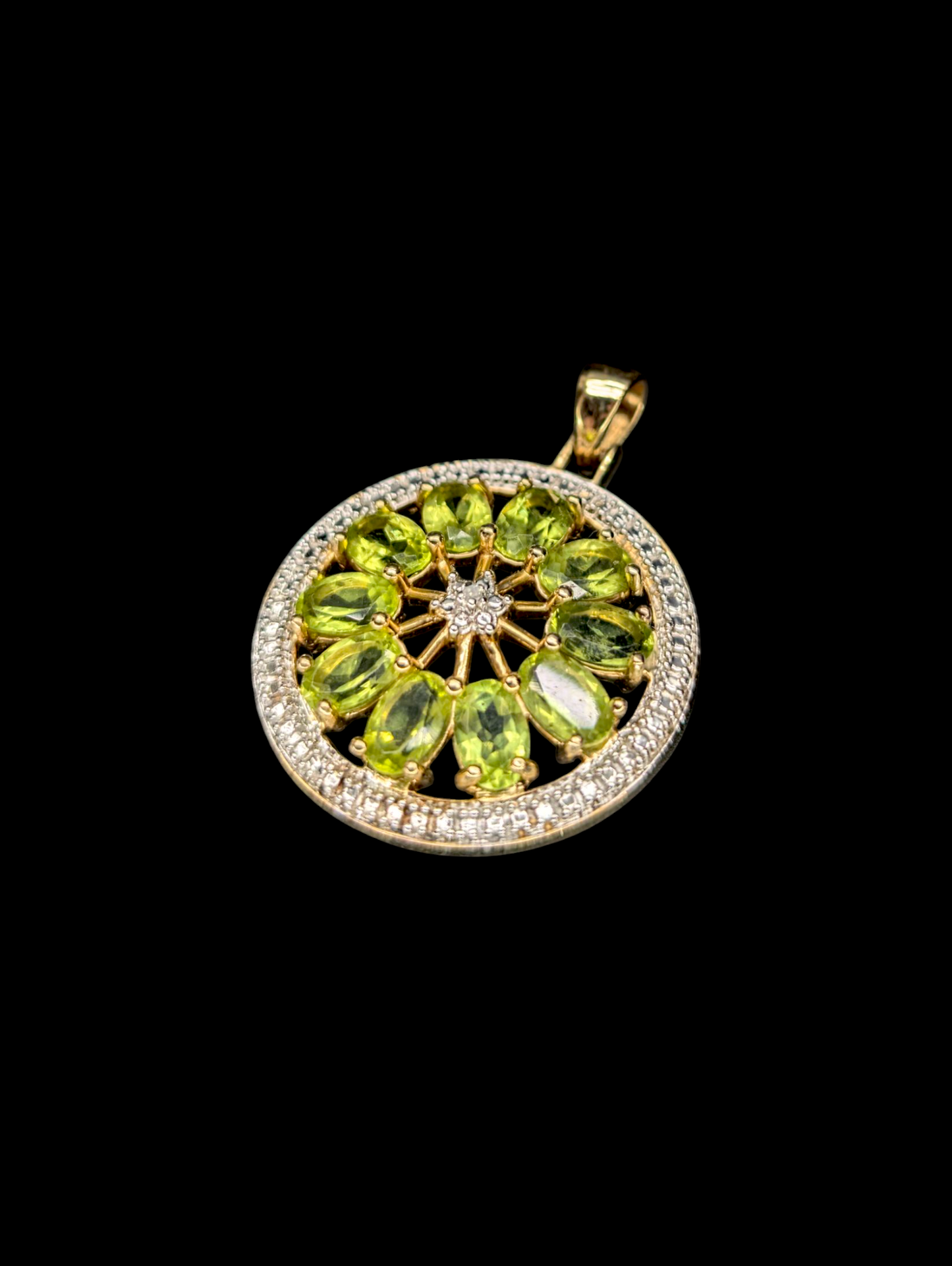 Vintage Genuine Peridot and Diamond 14k Gold Vermeil Round Pendant