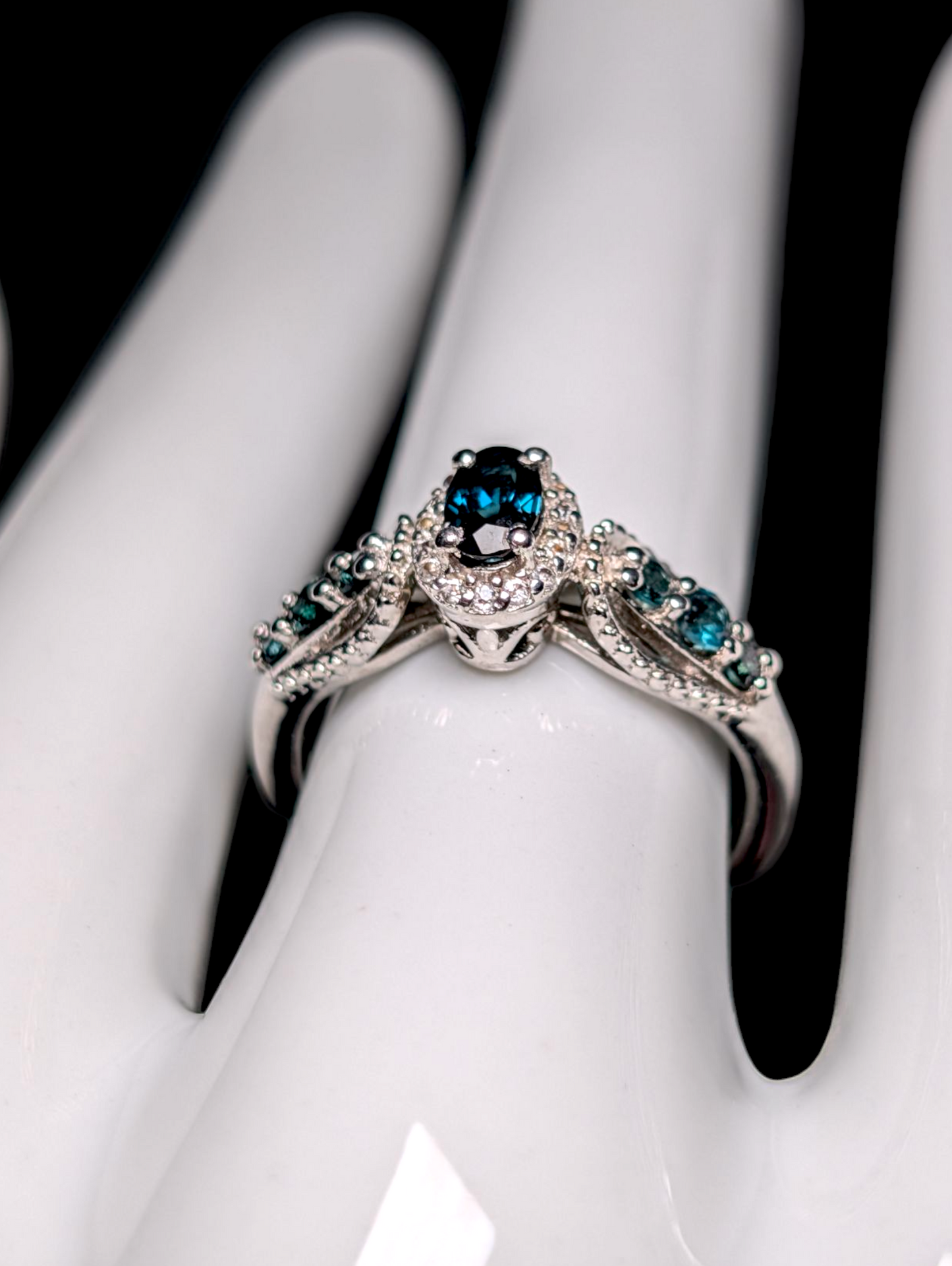 Vintage Dainty Oval Cut Genuine Blue Indicolite Tourmaline Solitaire with White Topaz Halo Sterling Silver Ring