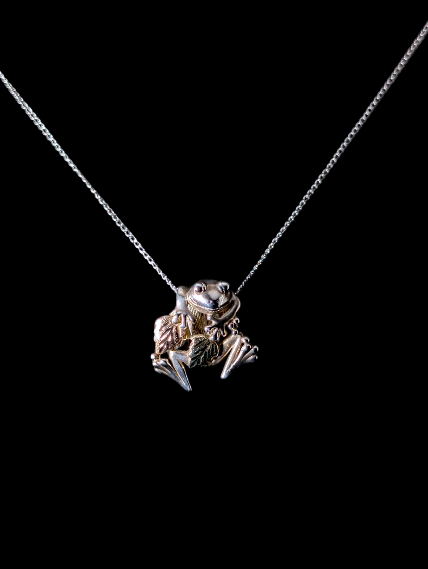 Black Hills Gold Frog Holding Grape Leaves Slider 12k Gold and Sterling Silver Pendant