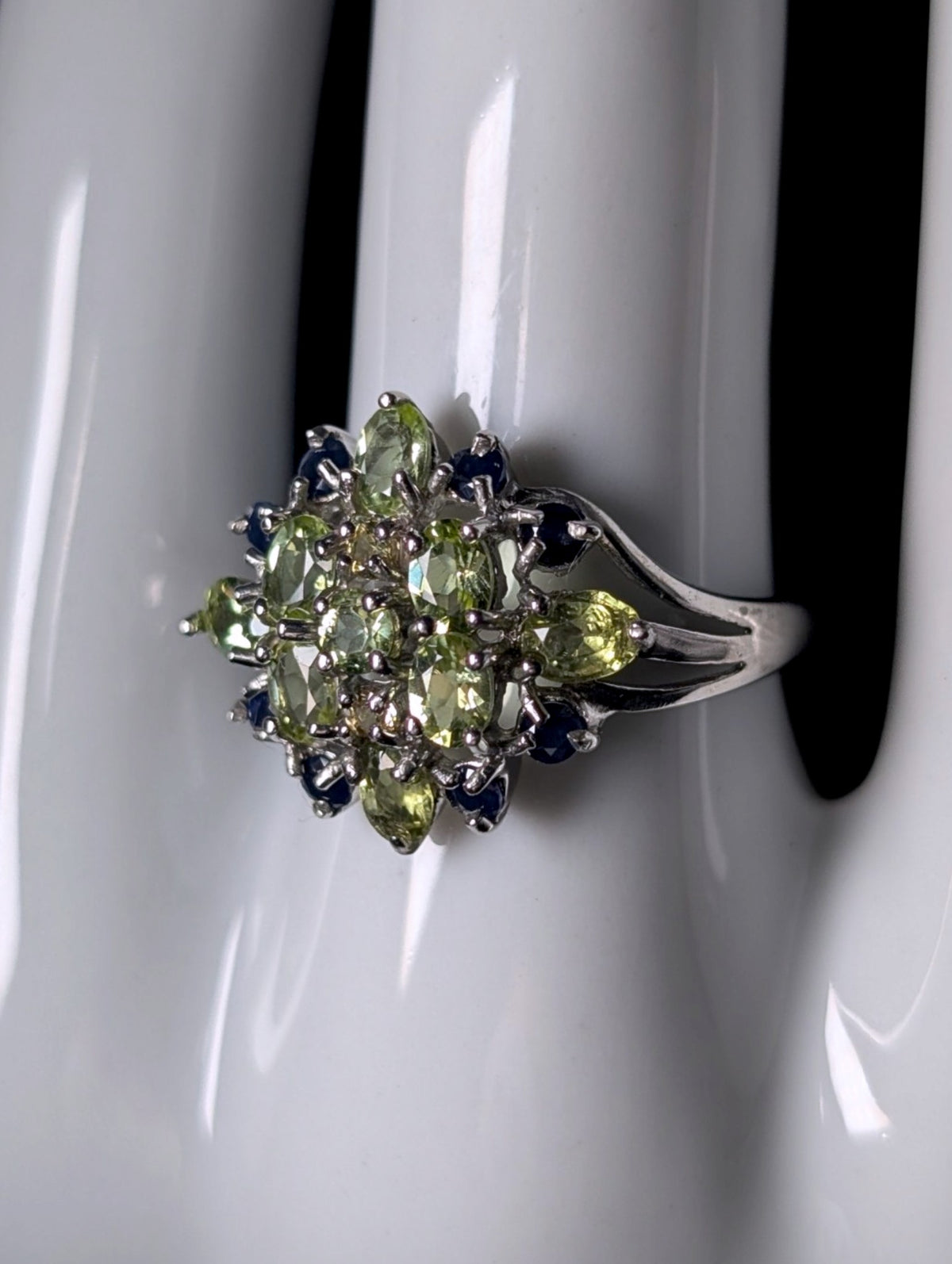 Vintage Genuine Peridot, Topaz and Sapphire Cluster Starburst Sterling Silver Ring