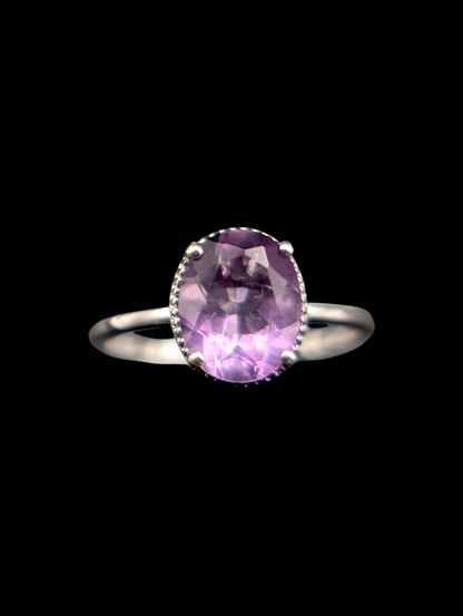 Vintage Oval Solitaire Genuine Amethyst Sterling Silver Ring