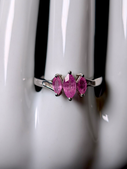 Vintage Marquise Cut Trio Genuine Pink Ruby Sapphire and Diamond Accent Sterling Silver Ring